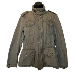 Y2K Jimmy Z Military Style Jacket Women S Khaki Herringbone Utility Pockets Zip